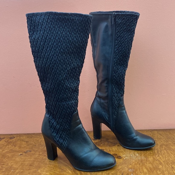 IMPO Stretch Oliana Webbed Black Elastic Calf Heeled Boots Size 10M Full Zip - Picture 1 of 16